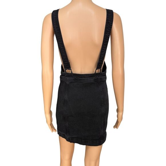 Free People front zip black denim dress overalls size 8 stretch - Picture 2 of 7